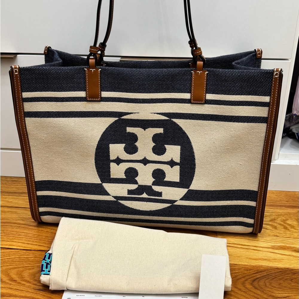 Tory Burch Ella jacquard stripe tote navy